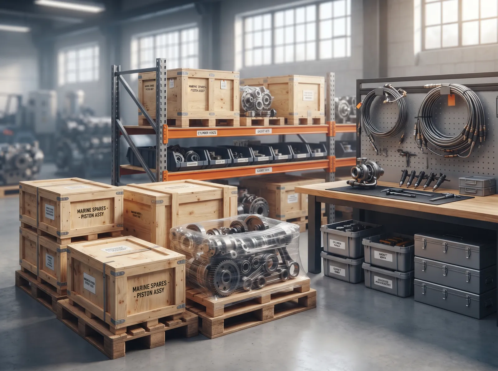 Warehouse with crated marine parts and equipment