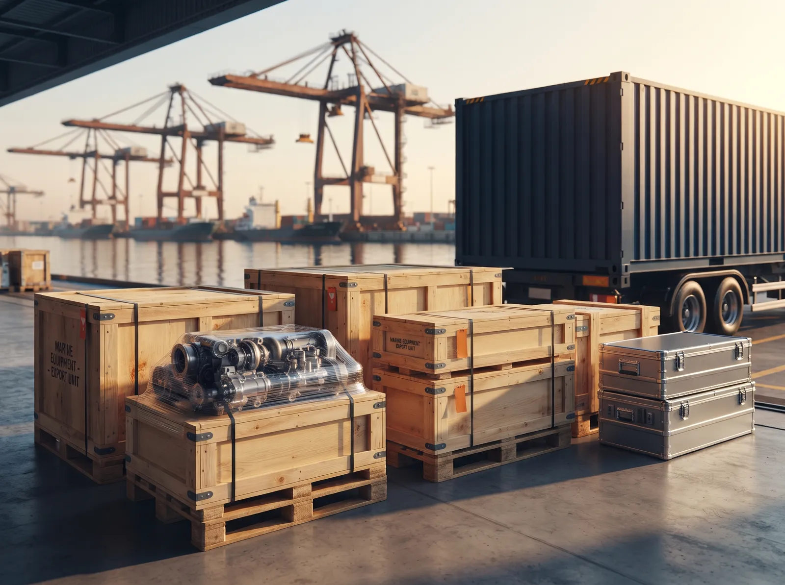 Marine parts crated for worldwide export